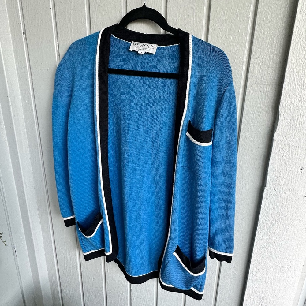 St.John Vintage Sweater Cardigan 100% wool blue black trim size S